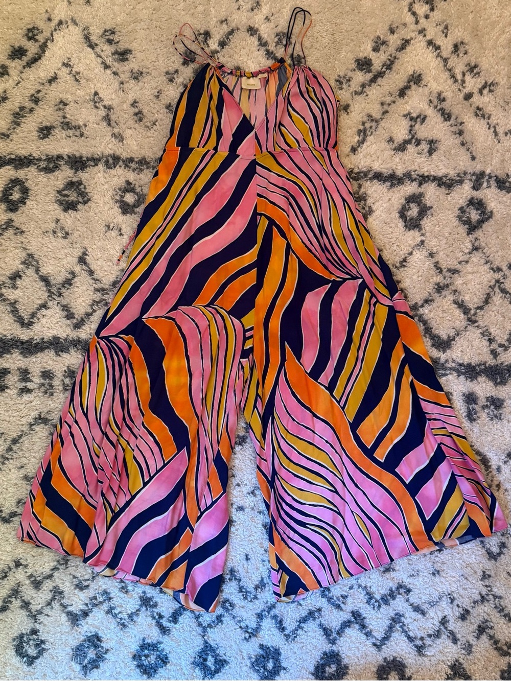 Maeve Pink, Yellow & Navy Striped Spaghetti-Strap Jumpsuit
